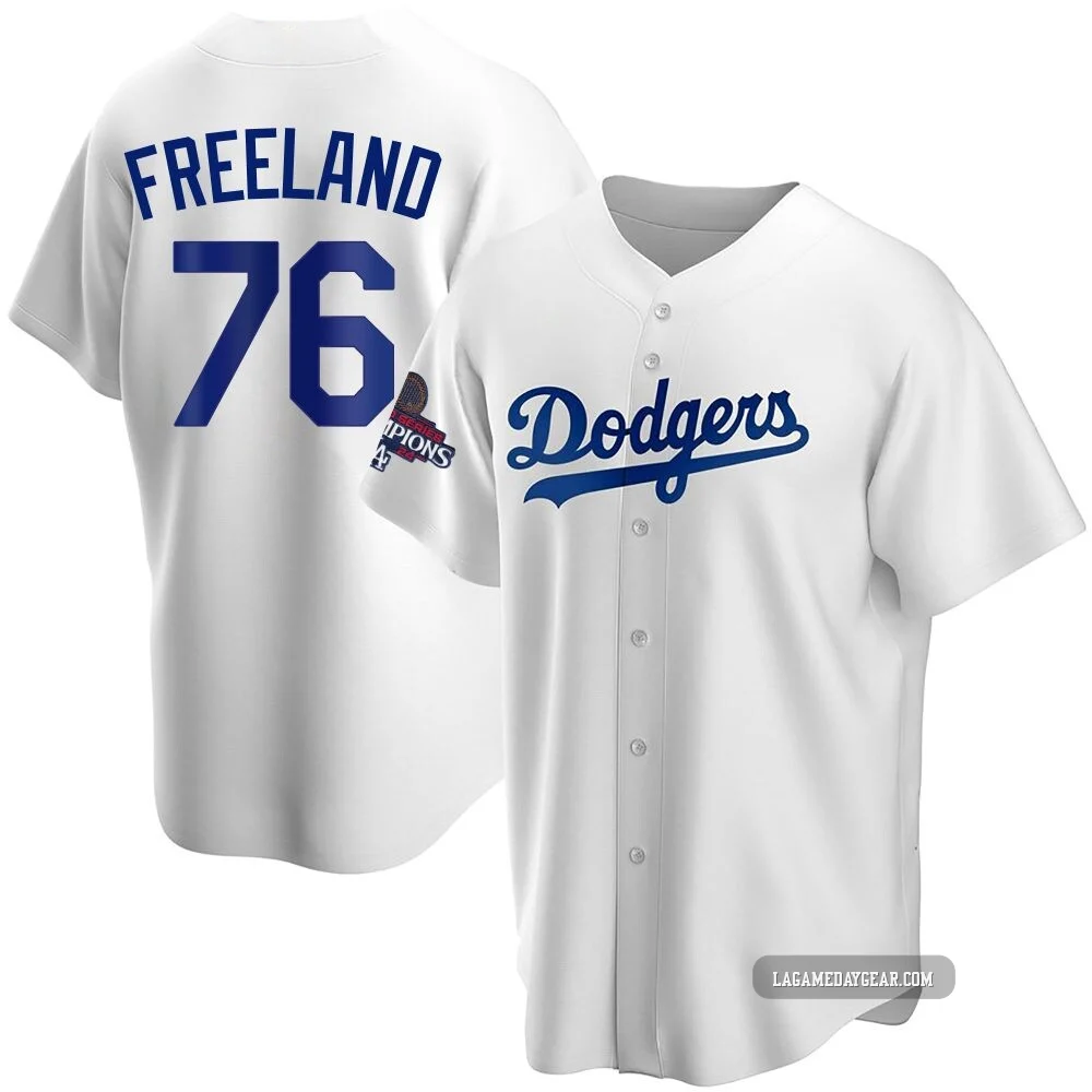 Alex Freeland ＃76 Los Angeles Dodgers Replica Men's White Home 2024 World Series Champions Jersey