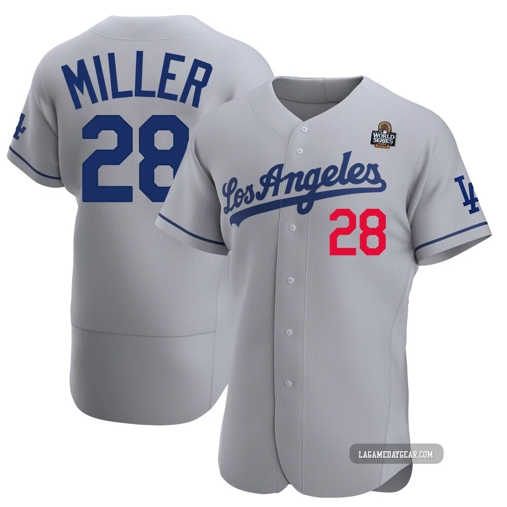 Bobby Miller ＃28 Los Angeles Dodgers Authentic Men's Gray Away Official 2024 World Series Jersey