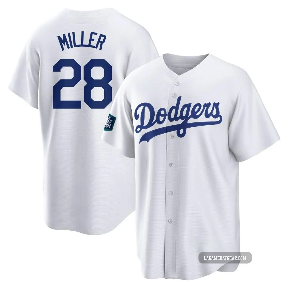 Bobby Miller ＃28 Los Angeles Dodgers Replica Youth White 2024 World Tour Seoul Series Home Jersey
