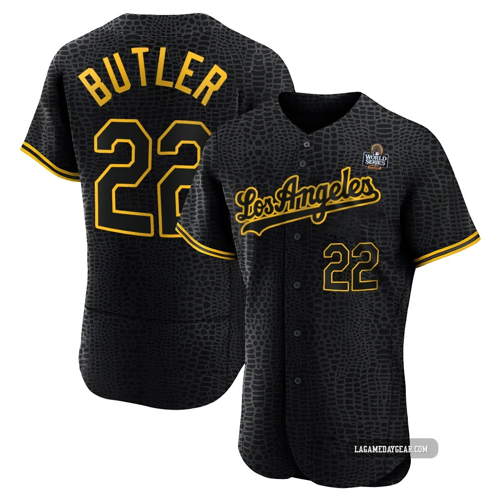 Brett Butler ＃22 Los Angeles Dodgers Authentic Men's Black Snake Skin City 2024 World Series Jersey