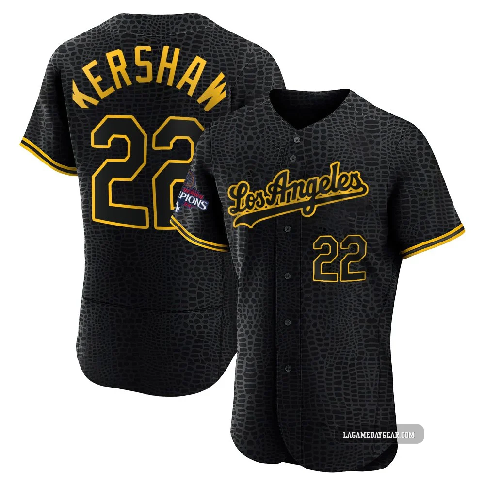 Clayton Kershaw ＃22 Los Angeles Dodgers Authentic Men's Black Snake Skin City 2024 World Series Champions Jersey
