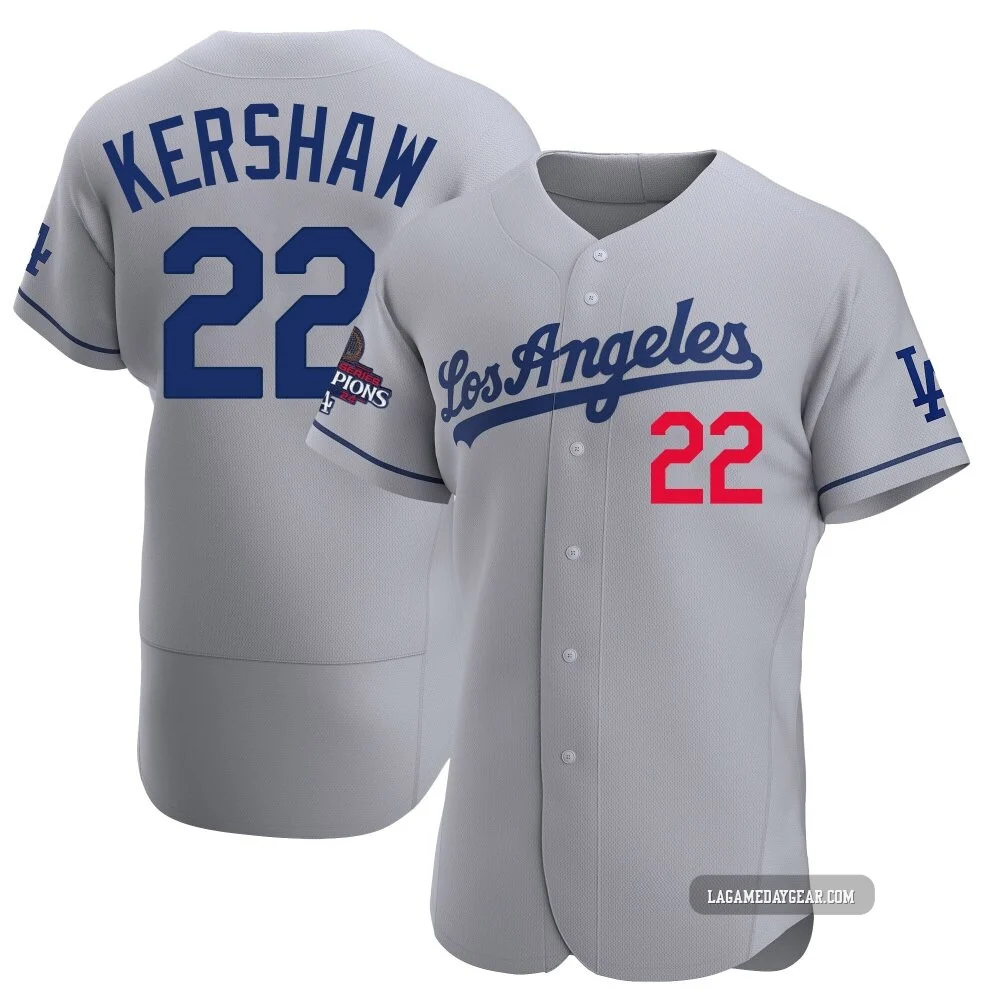 Clayton Kershaw ＃22 Los Angeles Dodgers Authentic Men's Gray Away Official 2024 World Series Champions Jersey