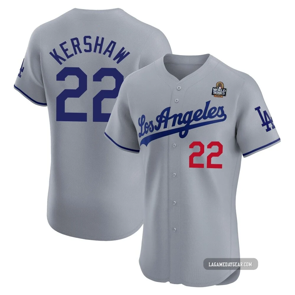 Clayton Kershaw ＃22 Los Angeles Dodgers Elite Men's Gray Road 2024 World Series Jersey