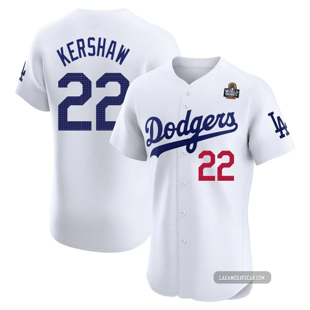 Clayton Kershaw ＃22 Los Angeles Dodgers Elite Men's White Home 2024 World Series Jersey