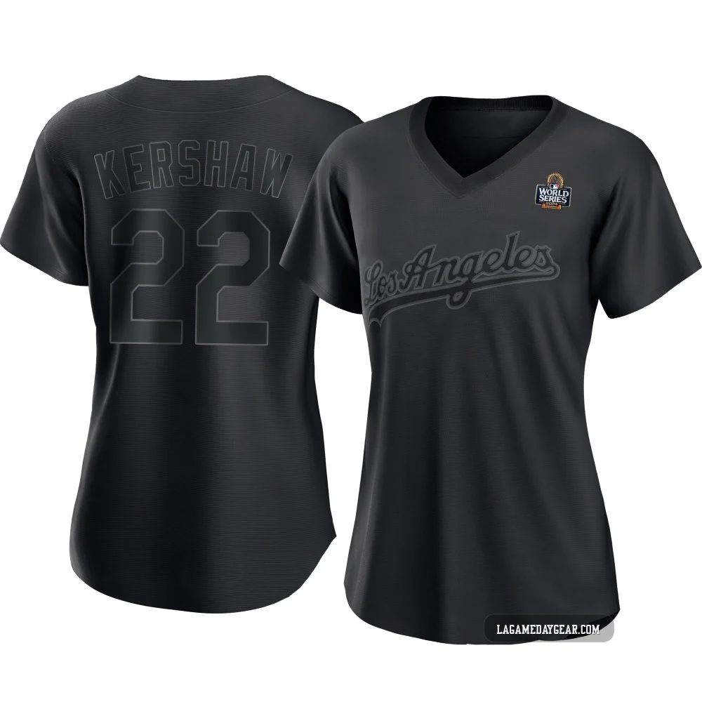 Clayton Kershaw ＃22 Los Angeles Dodgers Replica Women's Black Pitch Fashion 2024 World Series Jersey
