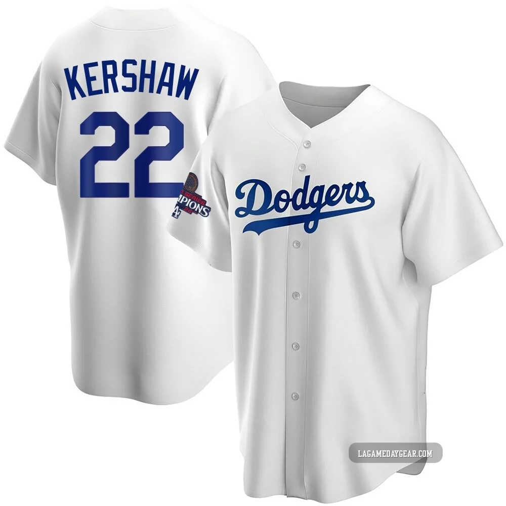 Clayton Kershaw ＃22 Los Angeles Dodgers Replica Youth White Home 2024 World Series Champions Jersey