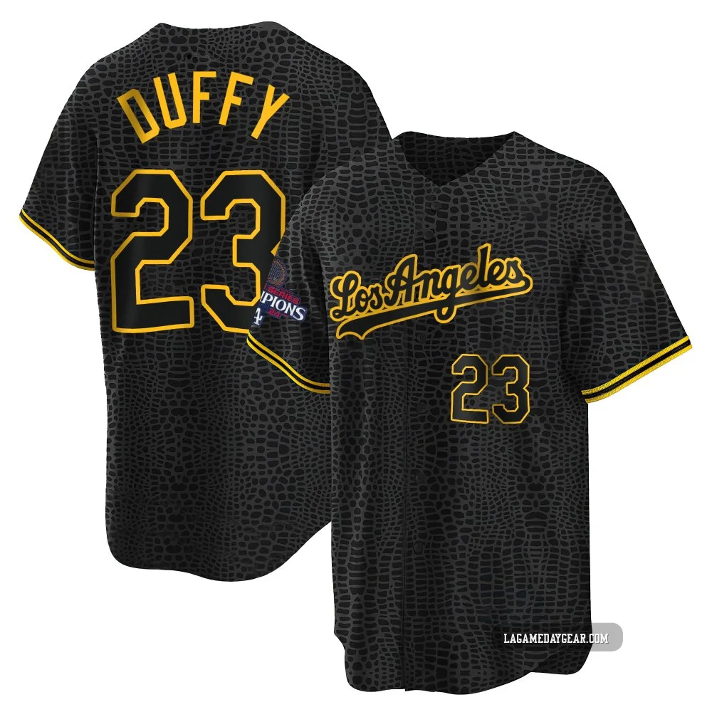 Danny Duffy ＃23 Los Angeles Dodgers Replica Men's Black Snake Skin City 2024 World Series Champions Jersey