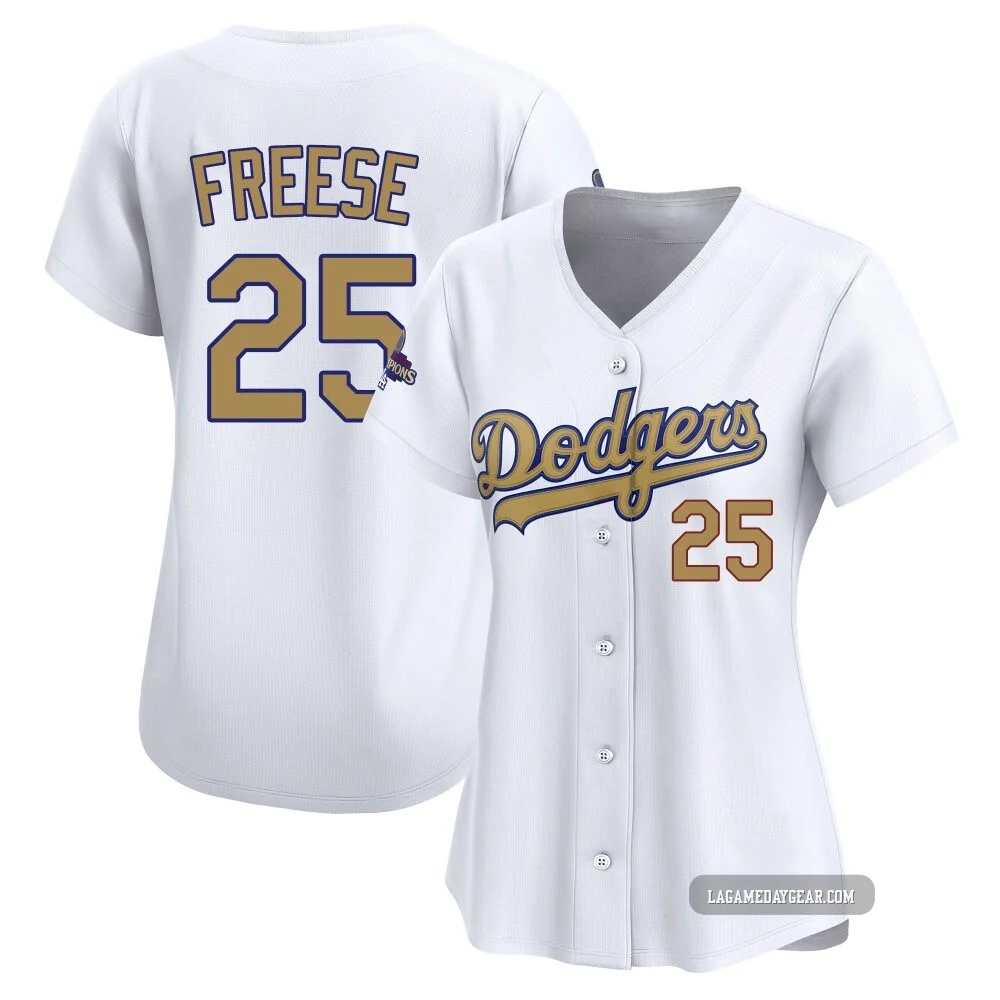David Freese ＃25 Los Angeles Dodgers Limited Women's Gold White 2025 Collection Jersey