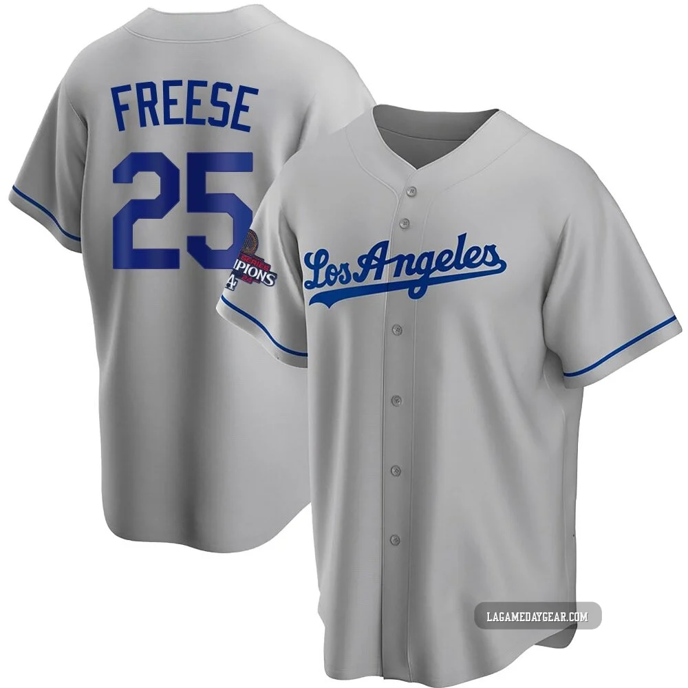 David Freese ＃25 Los Angeles Dodgers Replica Men's Gray Road 2024 World Series Champions Jersey