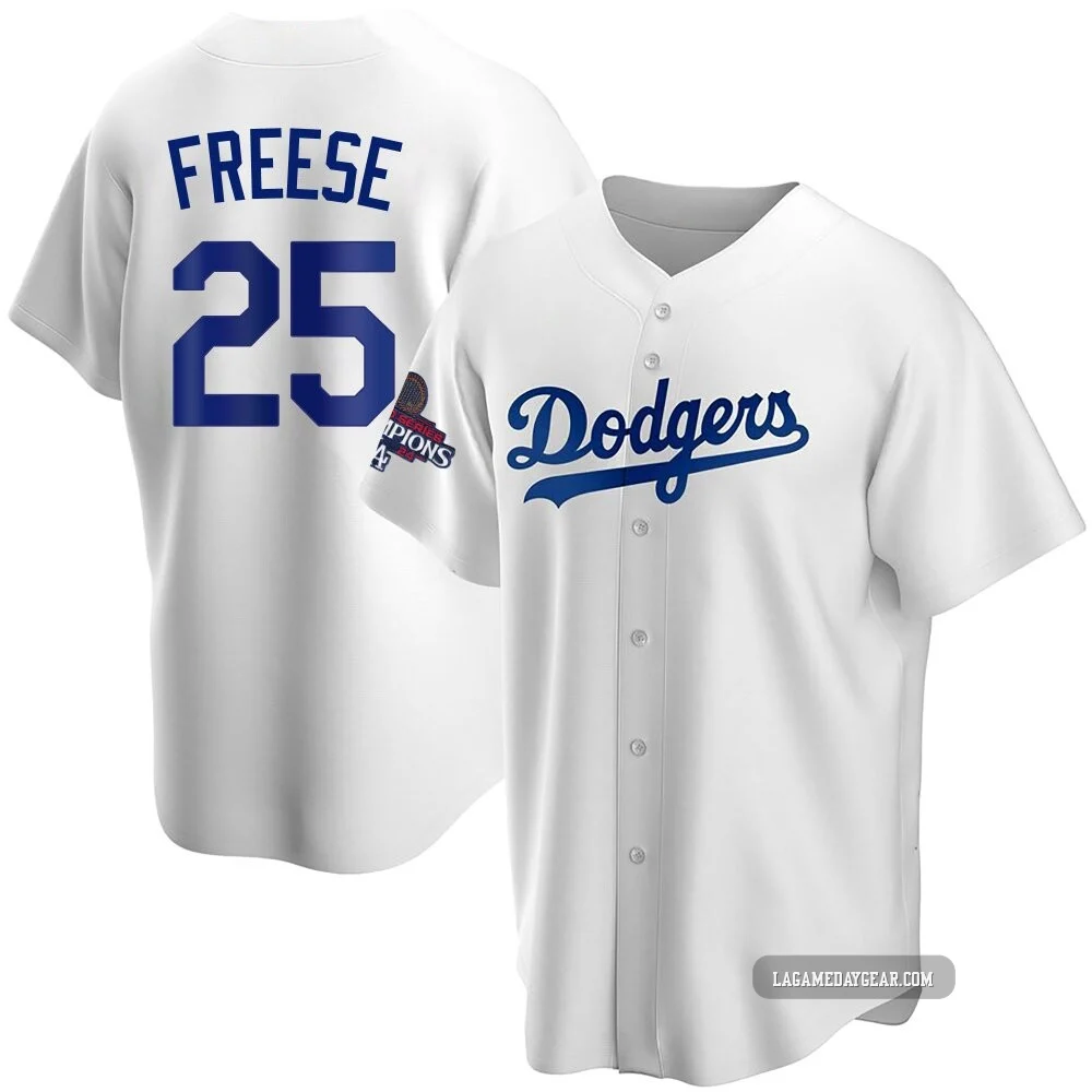 David Freese ＃25 Los Angeles Dodgers Replica Men's White Home 2024 World Series Champions Jersey