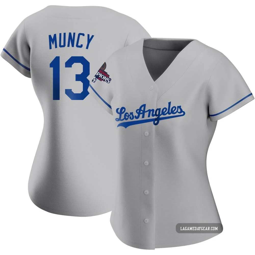 Max Muncy ＃13 Los Angeles Dodgers Replica Women's Gray Road 2024 World Series Champions Jersey