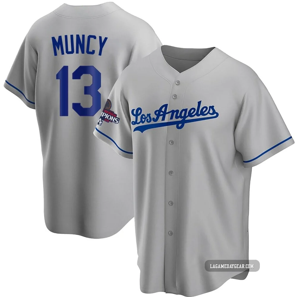 Max Muncy ＃13 Los Angeles Dodgers Replica Youth Gray Road 2024 World Series Champions Jersey