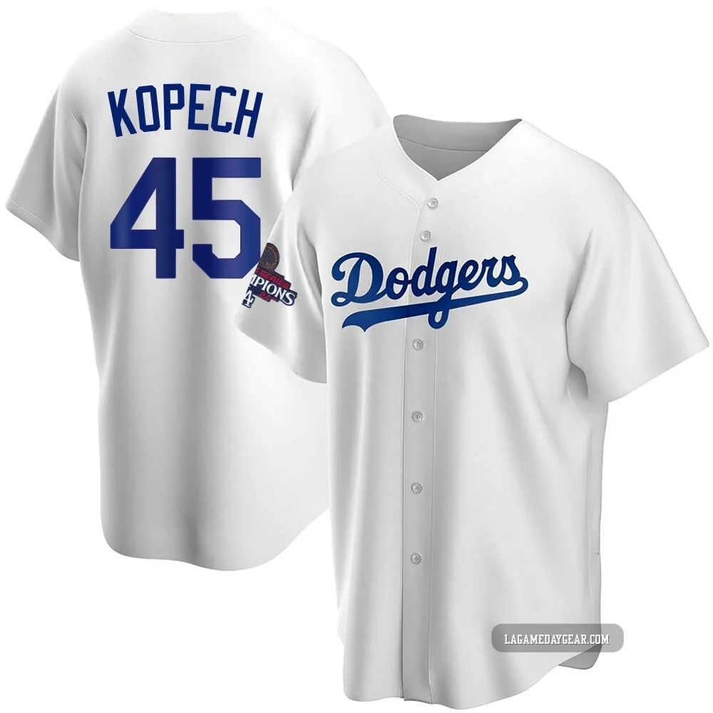 Michael Kopech ＃45 Los Angeles Dodgers Replica Youth White Home 2024 World Series Champions Jersey