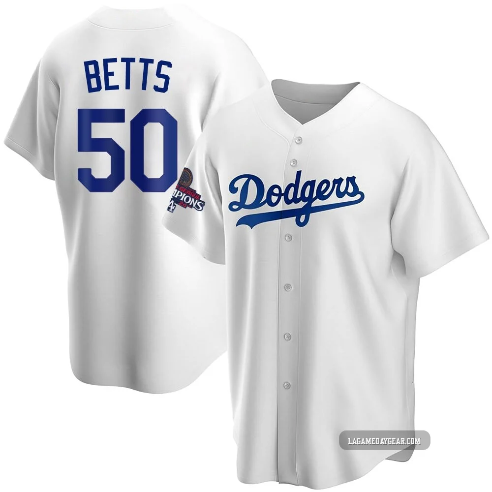 Mookie Betts ＃50 Los Angeles Dodgers Replica Men's White Home 2024 World Series Champions Jersey