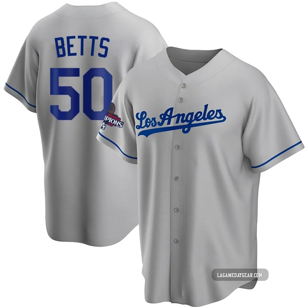 Mookie Betts ＃50 Los Angeles Dodgers Replica Youth Gray Road 2024 World Series Champions Jersey