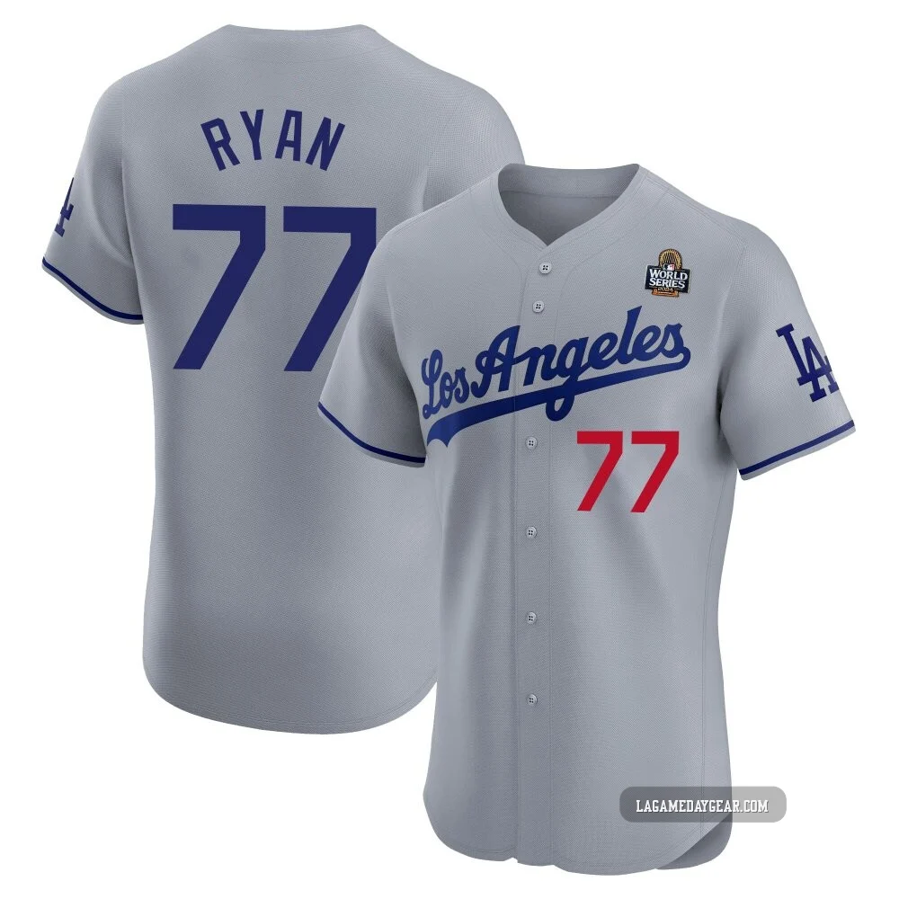 River Ryan ＃77 Los Angeles Dodgers Elite Men's Gray Road 2024 World Series Jersey