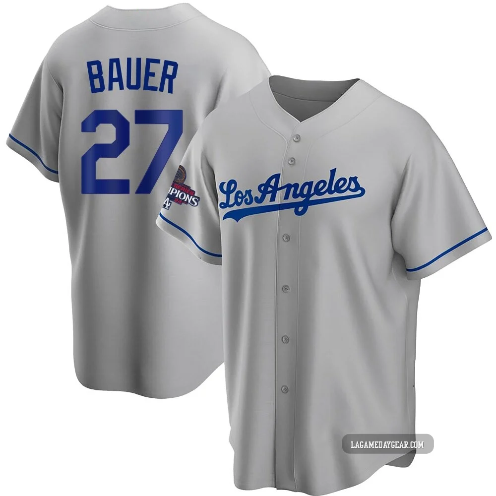Trevor Bauer ＃27 Los Angeles Dodgers Replica Youth Gray Road 2024 World Series Champions Jersey
