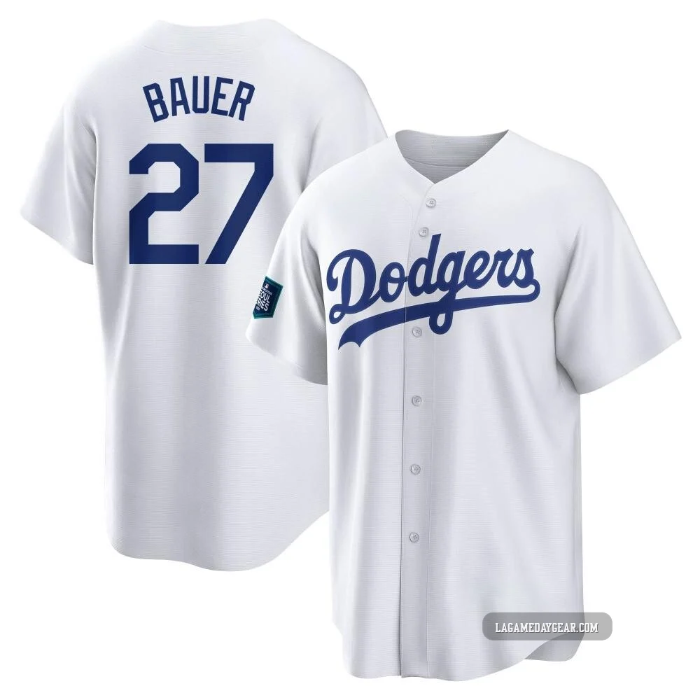 Trevor Bauer ＃27 Los Angeles Dodgers Replica Youth White 2024 World Tour Seoul Series Home Jersey