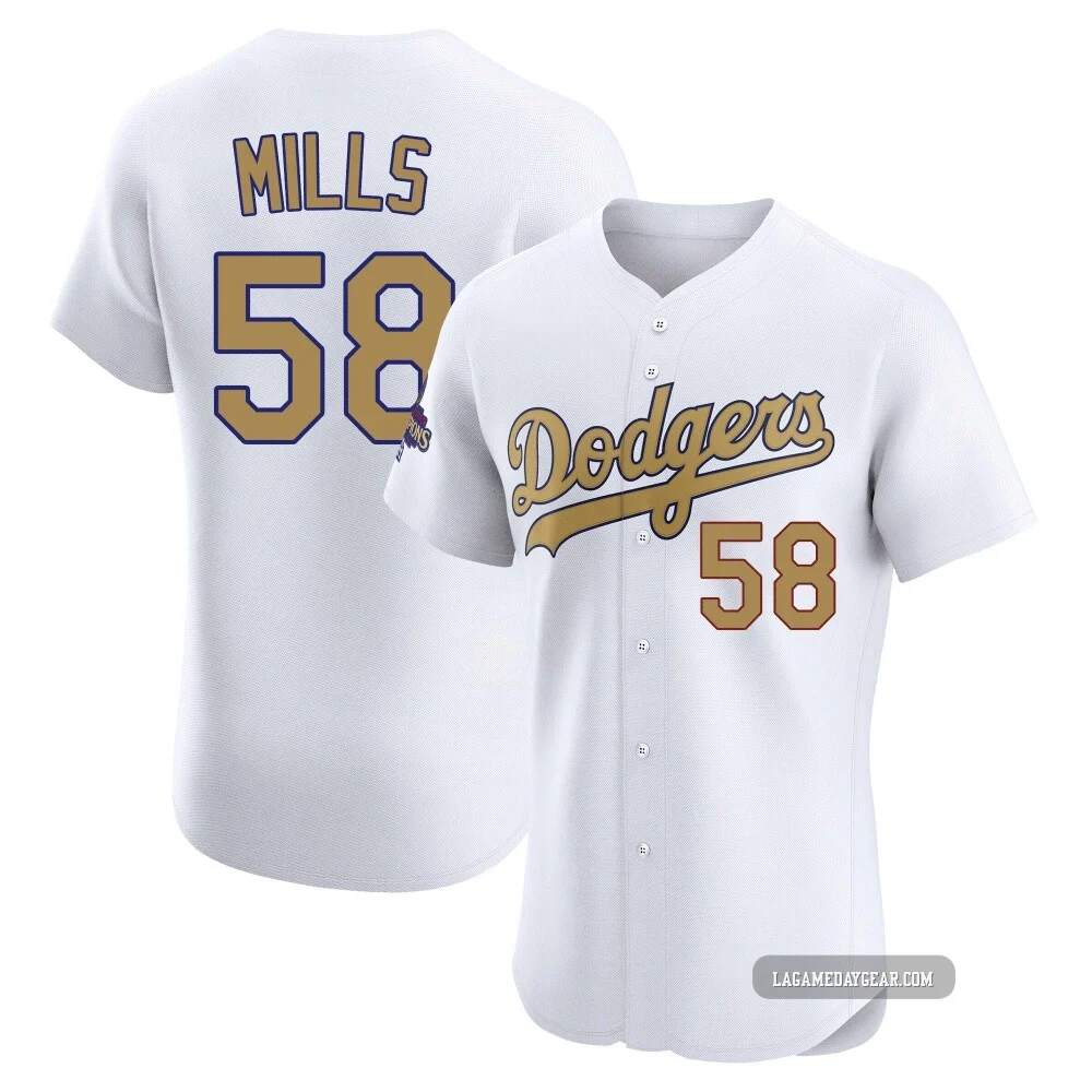Wyatt Mills ＃58 Los Angeles Dodgers Elite Men's Gold White 2025 Collection Jersey