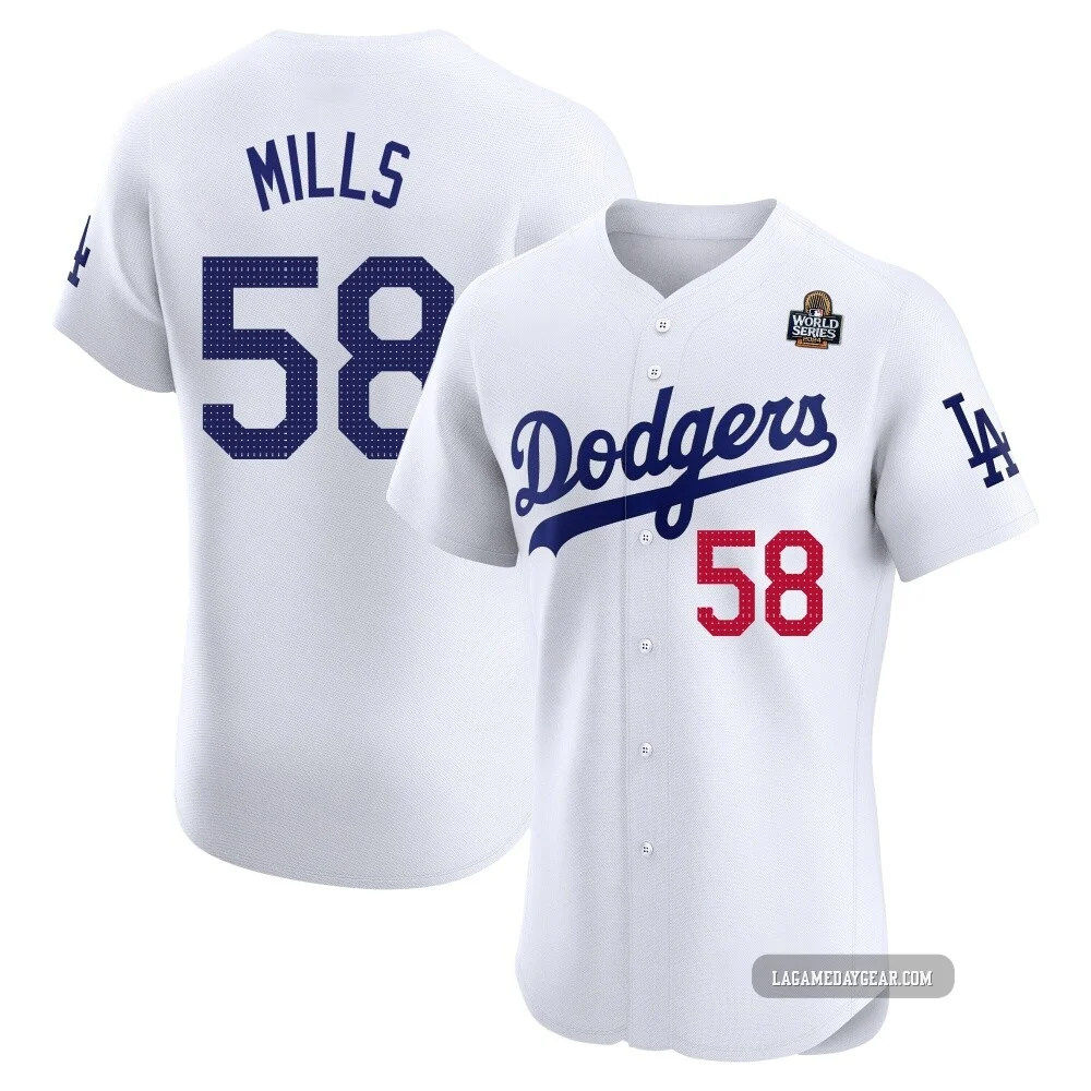 Wyatt Mills ＃58 Los Angeles Dodgers Elite Men's White Home 2024 World Series Jersey