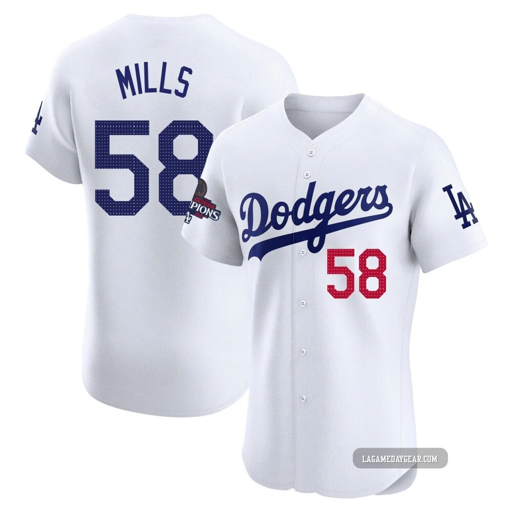 Wyatt Mills ＃58 Los Angeles Dodgers Elite Men's White Home World Series Champions Jersey