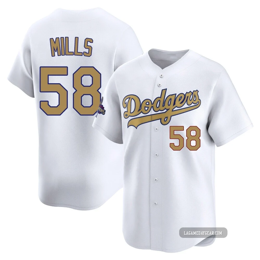 Wyatt Mills ＃58 Los Angeles Dodgers Limited Men's Gold White 2025 Collection Jersey