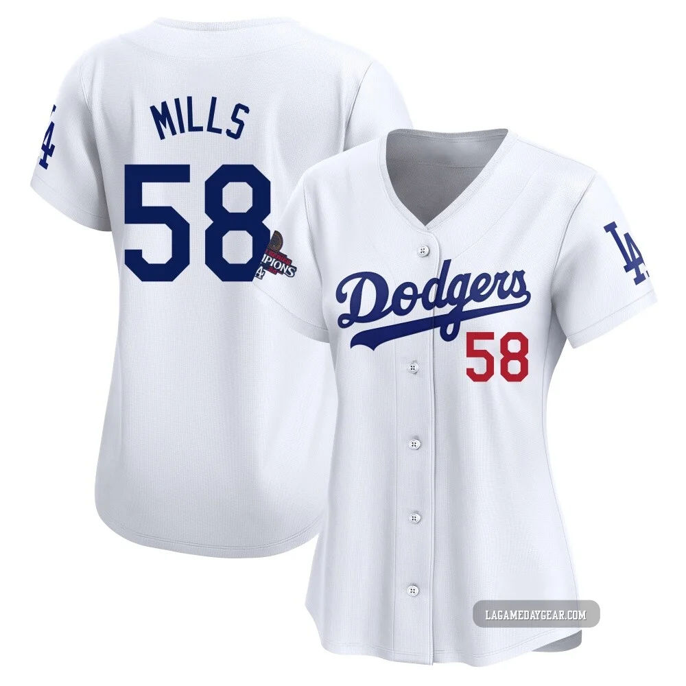 Wyatt Mills ＃58 Los Angeles Dodgers Limited Women's White Home 2024 World Series Champions Jersey