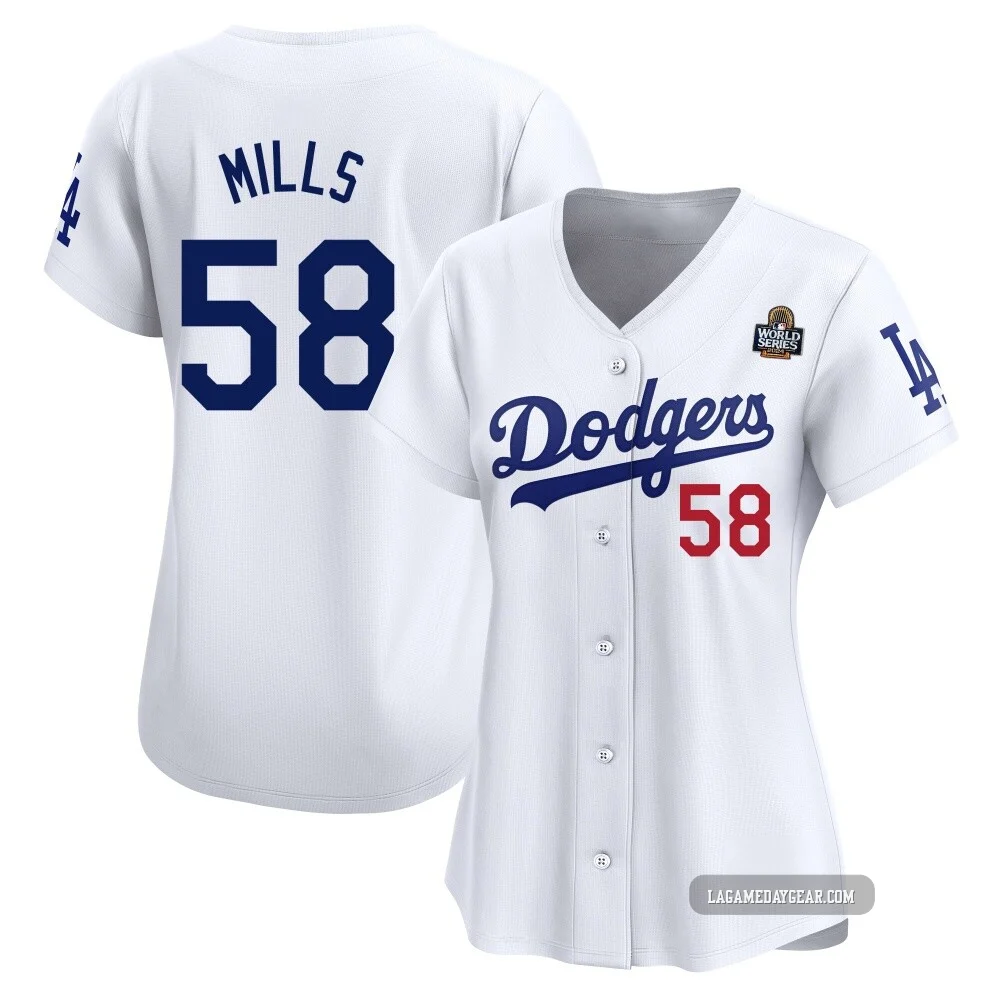 Wyatt Mills ＃58 Los Angeles Dodgers Limited Women's White Home 2024 World Series Jersey