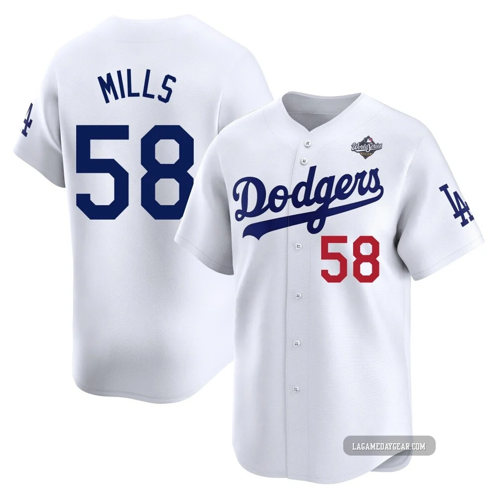Wyatt Mills ＃58 Los Angeles Dodgers Limited Youth White Home 2025 World Series Jersey