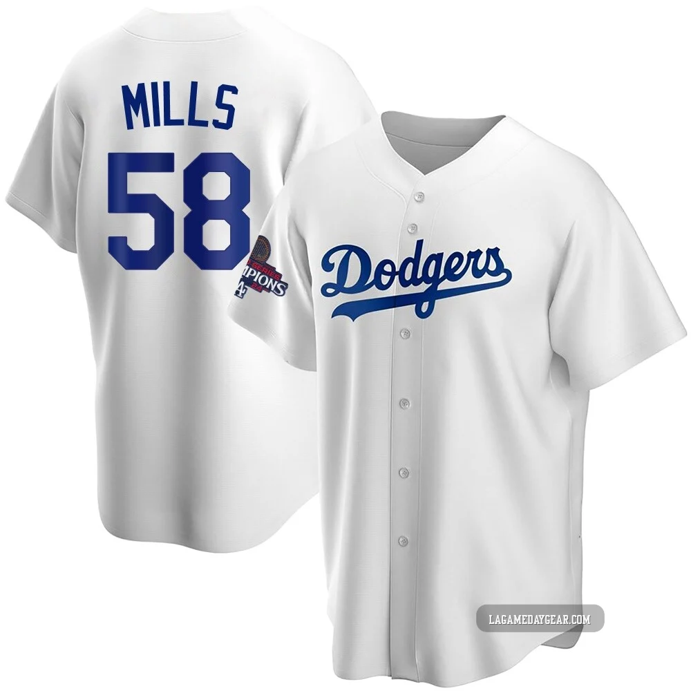 Wyatt Mills ＃58 Los Angeles Dodgers Replica Youth White Home 2024 World Series Champions Jersey