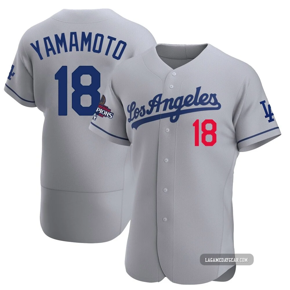 Yoshinobu Yamamoto ＃18 Los Angeles Dodgers Authentic Men's Gray Away Official 2024 World Series Champions Jersey