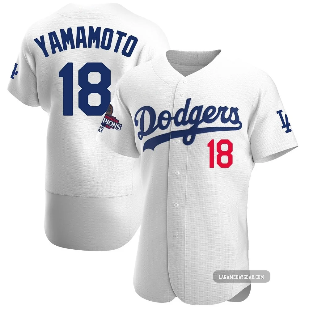 Yoshinobu Yamamoto ＃18 Los Angeles Dodgers Authentic Men's White Home Official 2024 World Series Champions Jersey