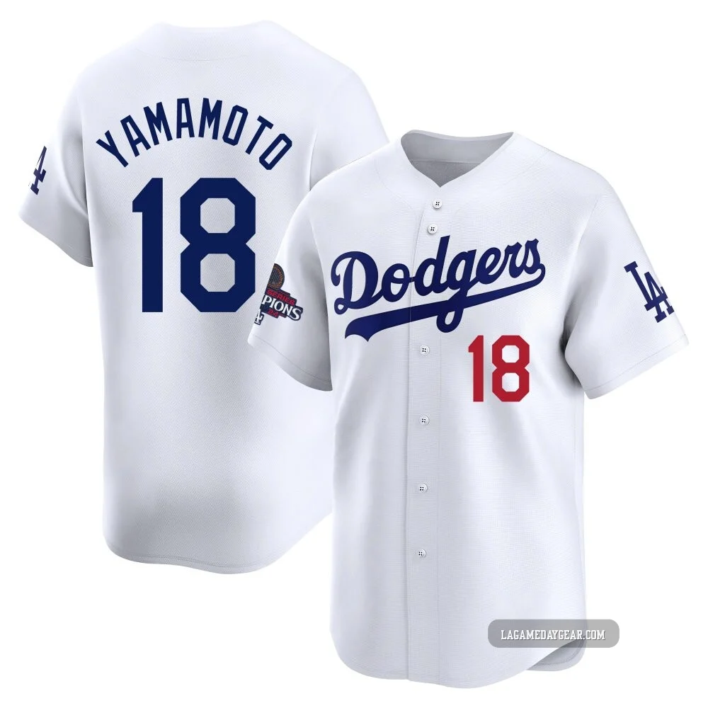 Yoshinobu Yamamoto ＃18 Los Angeles Dodgers Limited Youth White Home 2024 World Series Champions Jersey
