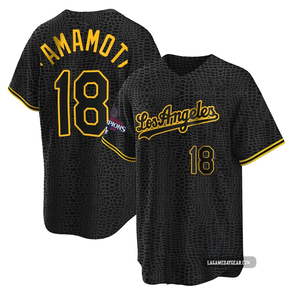 Yoshinobu Yamamoto ＃18 Los Angeles Dodgers Replica Men's Black Snake Skin City 2024 World Series Champions Jersey