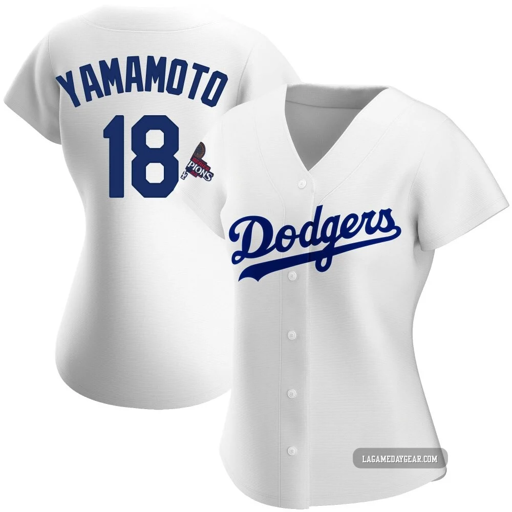 Yoshinobu Yamamoto ＃18 Los Angeles Dodgers Replica Women's White Home 2024 World Series Champions Jersey
