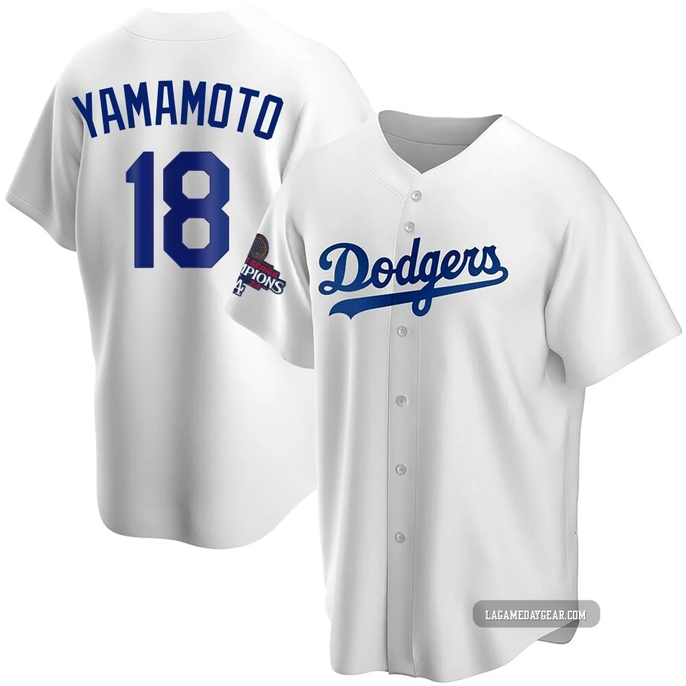 Yoshinobu Yamamoto ＃18 Los Angeles Dodgers Replica Youth White Home 2024 World Series Champions Jersey